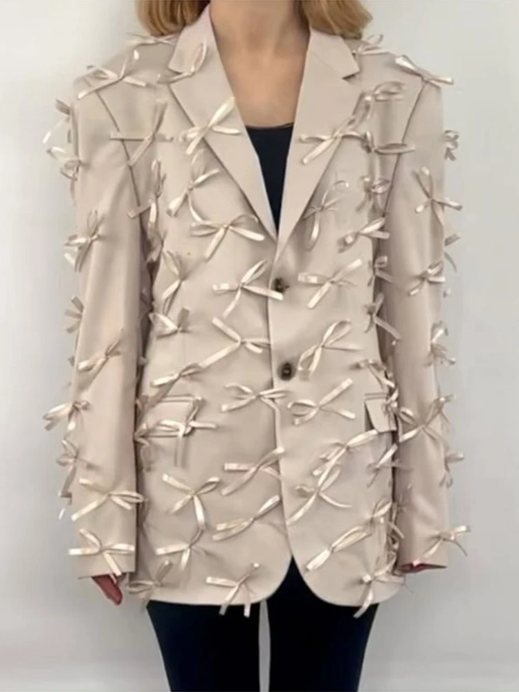 TWOTWINSTYLE Solid Elegant Patchwork Bowknot Blazer For Women Notched Collar Long Sleeve Spliced Button Loose Blazers Female New