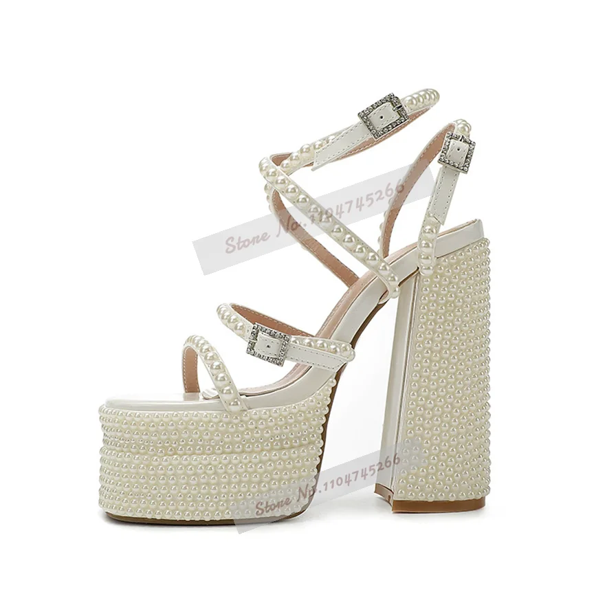 White Pearls Glossy Chunky Heel Sandals High Platform Jewelry Decorated Wedding Shoes String Beaded Chain Pumps
