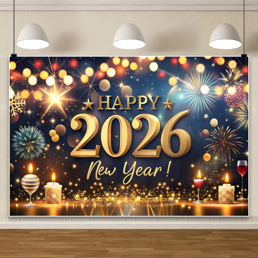 Fondo de Feliz Año Nuevo para fotografía 2026 fiesta de Nochevieja relojes con purpurina dorada champán fondos de Navidad accesorios para disparar