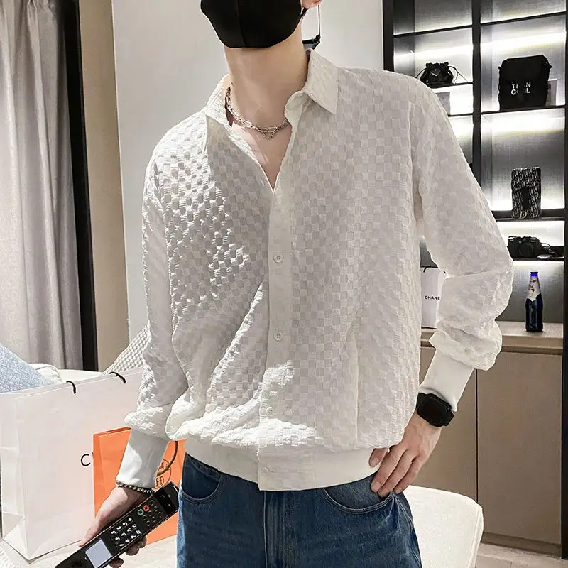 Men\'s Solid Color Plaid Shirt Long Sleeve Black Bat Shirt Loose 2025 New Spring and Autumn Top Shirt Jacket