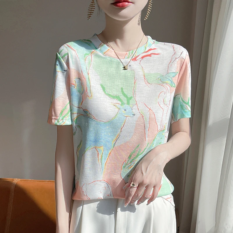 

Summer Lady Lyocell Graffiti T-Shirt With Short Sleeves And Round Neck Ink-And-Wash Printed Top