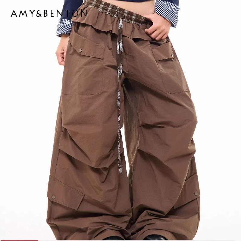 

American Retro Design Plaid Lace Multi-Pocket Pleated Women's Overalls Autumn New Loose Casual Wide-Leg Floor-Length Pants Girl