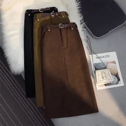 2023 Winter New Female High Waist Straight Slim Brown Corduroy Skirt Women with Belt Split Midi Skirt