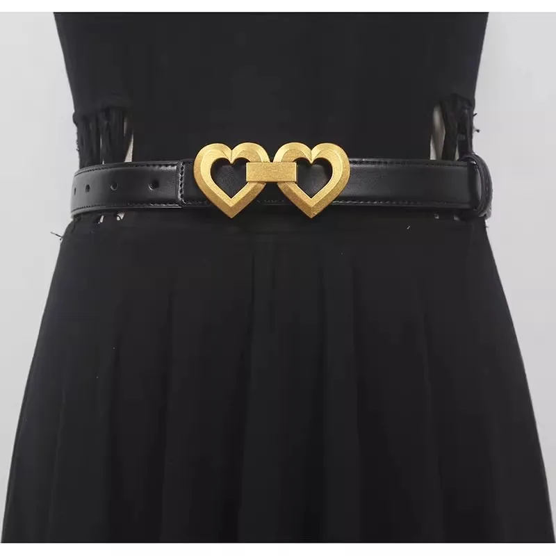 Women's Fashion Genuine Leather Heart Buckle Cummerbunds Female Dress Corsets Waistband Belts Decoration Narrow Belt R961