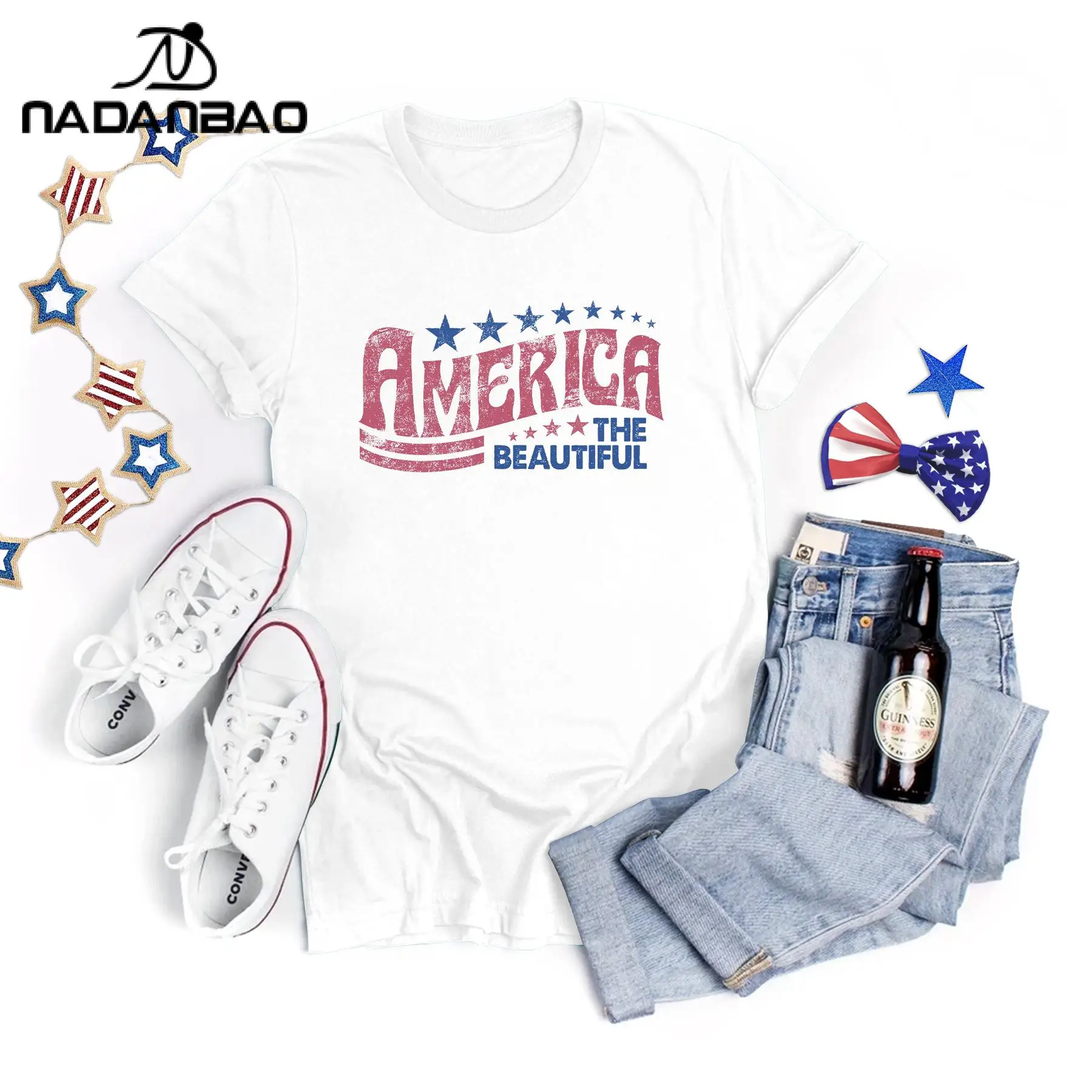 Nadanbao T-shirt grafiche con lettere USA per donna T-shirt estiva a maniche corte con stampa patriottica bianca Abbigliamento casual per le vacanze