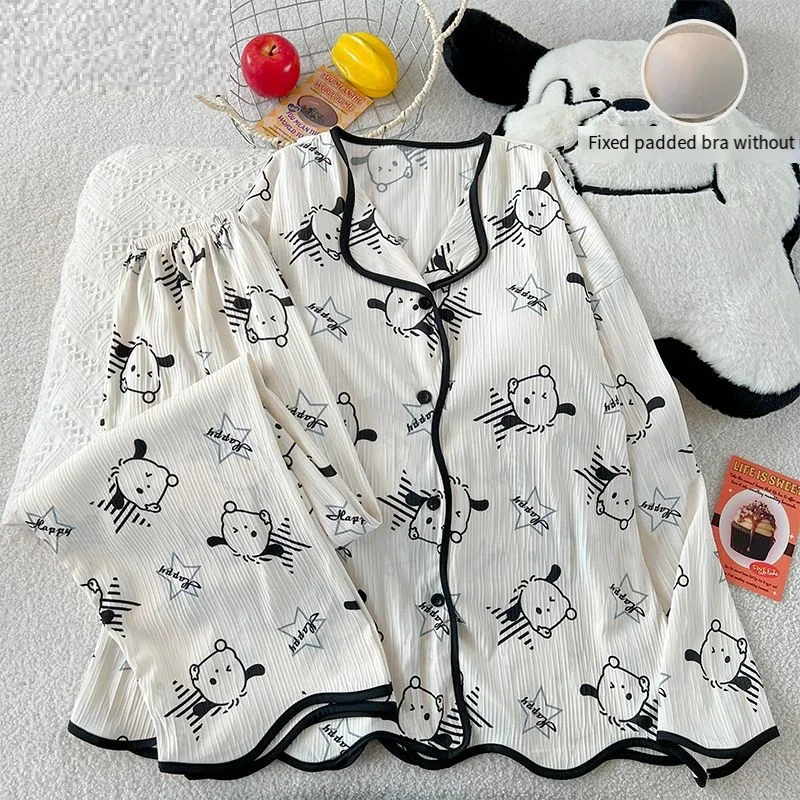 

Пижама Sanrio Pochacco, комплект из 2 предметов: брюки и рубашка с длинным рукавом, весенняя пижама, милая ночная одежда, мультяшные пижамы, женская домашняя одежда