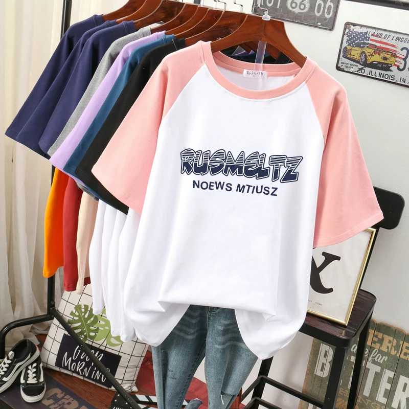 DAYIFUN-Loose T-shirts Women Cotton Contrast Panel Short Sleeve Design Tshirts Plus Size Letter Printed Tops Lady Tees 4XL 80kg