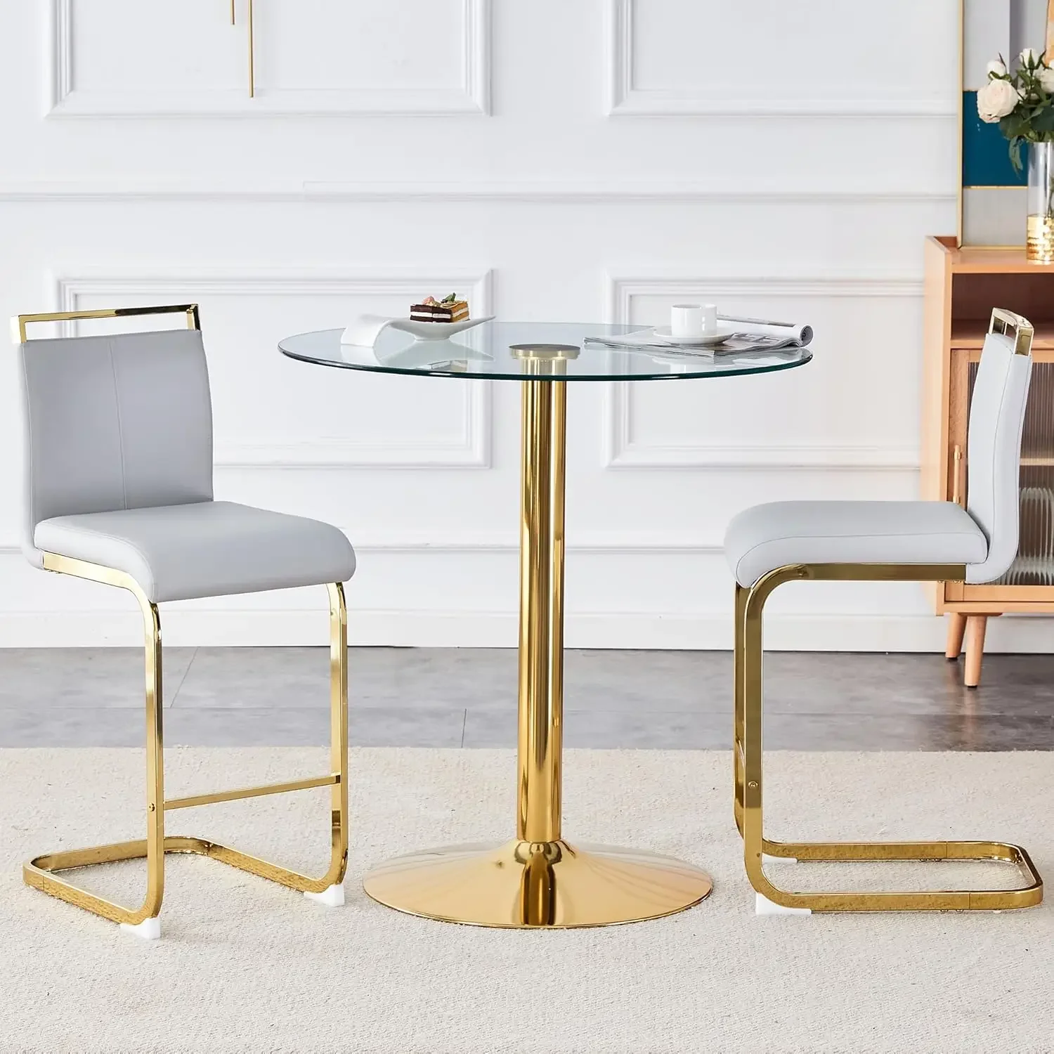 3- Round Bar Table Set,Round Counter Height Dining Table Set,35" Tempered Glass Pub Table and Light Grey Chairs,Round Gold bar