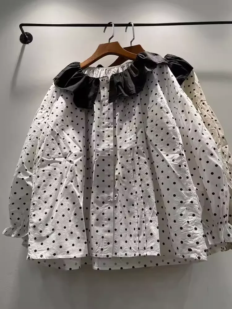 

Бюст 142 см в стиле мори для девочек, бежевые, белые рубашки в горошек, блузки с длинными рукавами для женщин, топы большого размера из чистого хлопка в японском стиле
