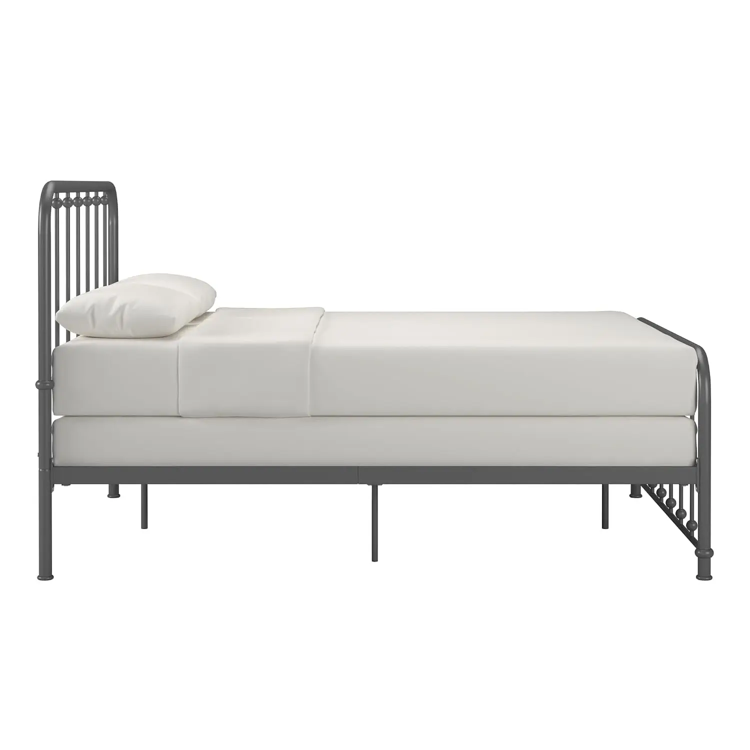 Metal Bed with Beaded Headboard, Frost Grey Finish, Full Size, Customized