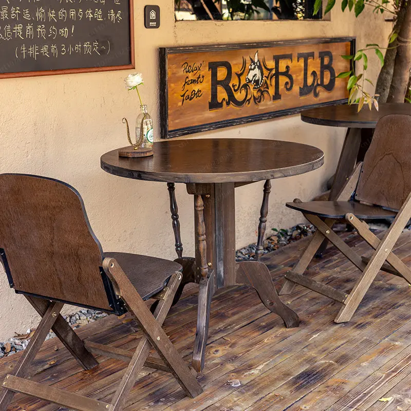 Cafe milk tea shop second-hand dining table, dining table living room balcony solid wood personality large round table
