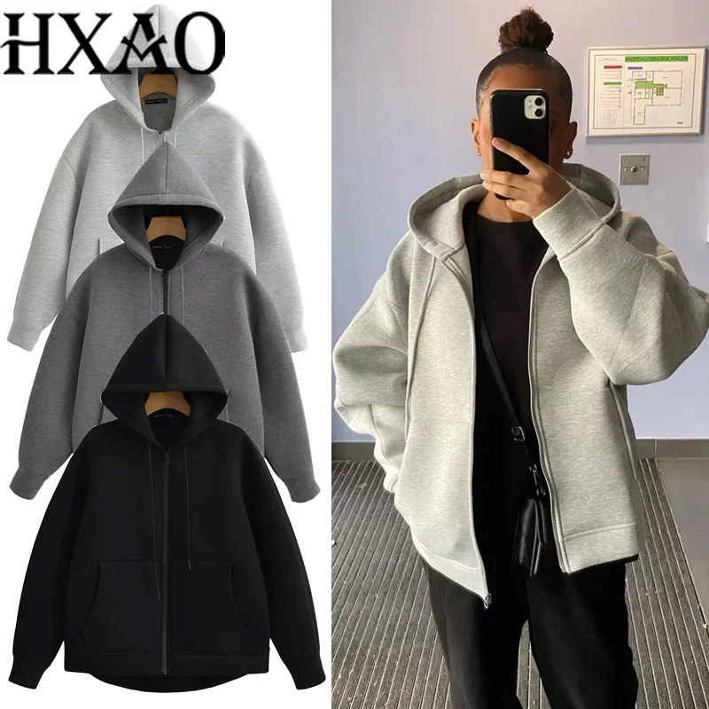 

HXAO Hoodie Woman Outerwears Long Sleeve Demi-Season Women Jacket Coat Casual Sweatshirt With Zipper Grey Black Jacket Coats