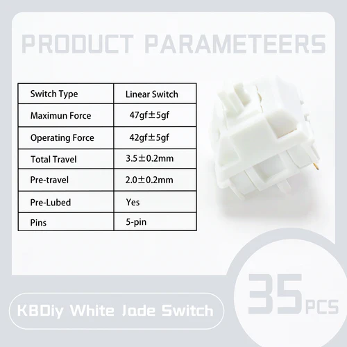 Imagen 2 del producto KBDiy-teclado con interruptor de Jade blanco, 5 pines, 42gf, vástago LY, interruptores lineales POM para teclado mecánico personalizado DIY 60 para juegos Aula F75