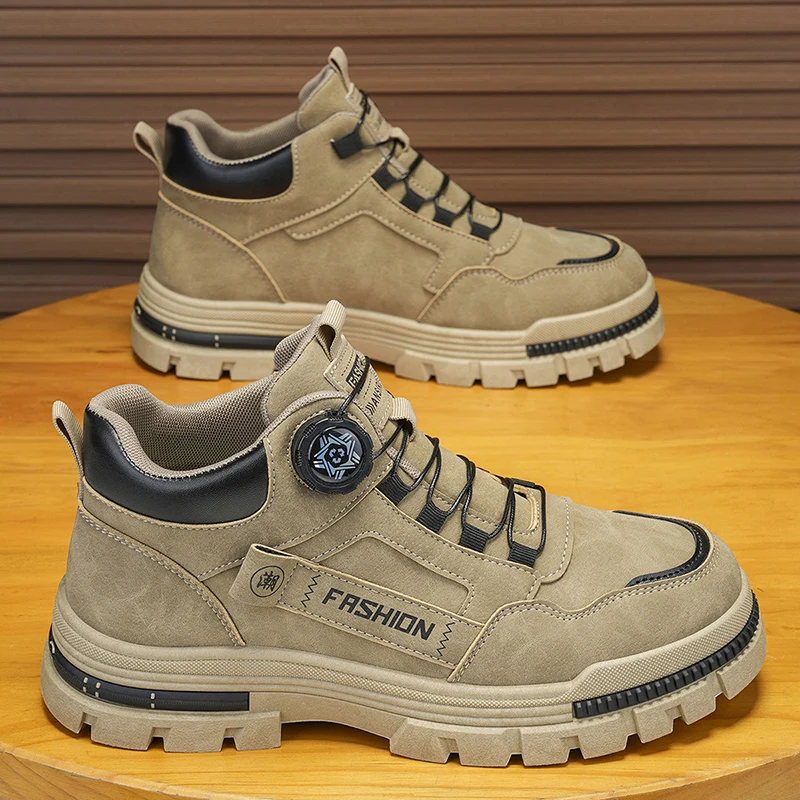 Men's Mid Top Work Boots Chunky Lug Sole Non Slip Platform Sneakers Outdoor Hiking Casual Utility Ankle Shoes Grey Khaki Two Col view 5