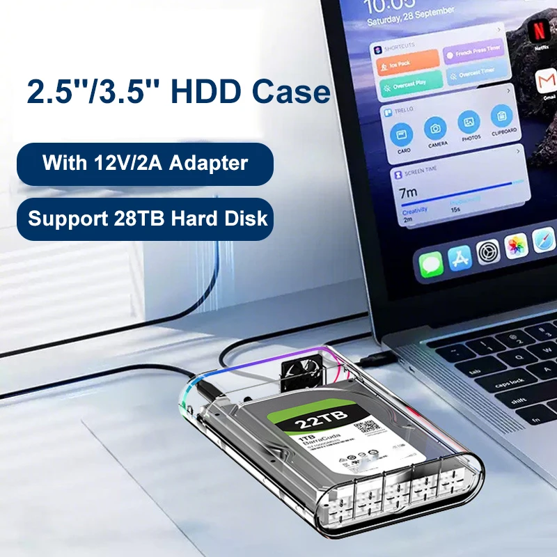 Корпус для жесткого диска/SSD 2,5/3,5 дюйма, прозрачный USB 3,0/тип C HDD SATA, внешний корпус, поддержка высокоскоростного адаптера 22 ТБ для портативных ПК