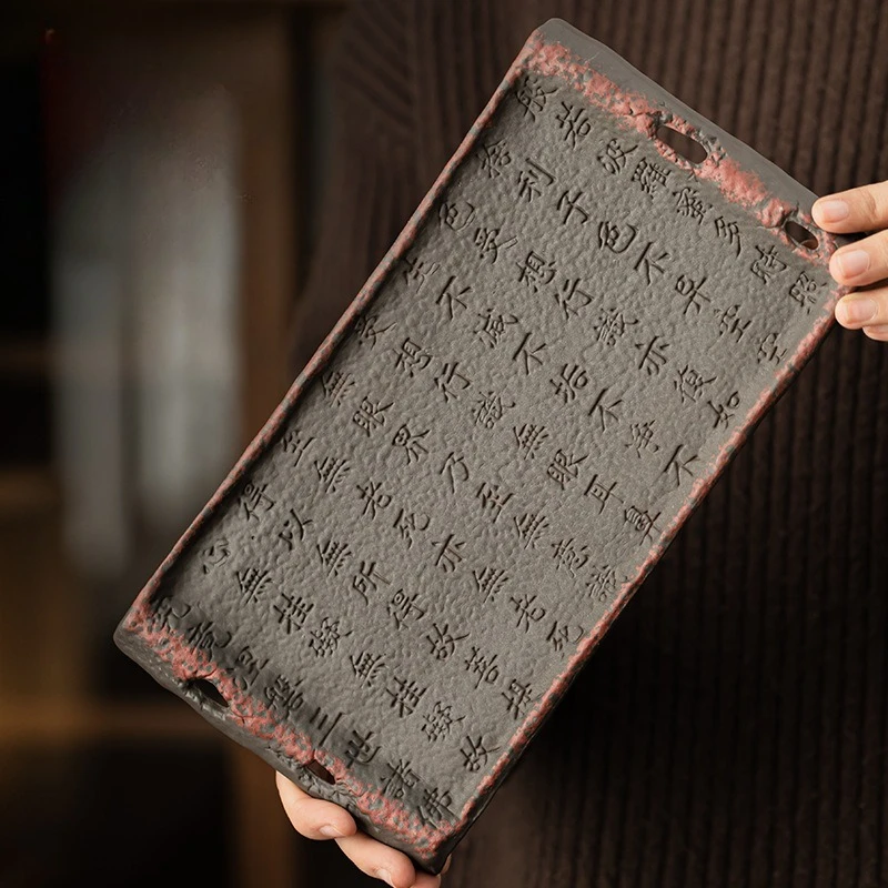 Old rock clay Zhuoni scripture pot holder, water-storing rough pottery dry brewing tea tray, retro Chinese-style tea snack plate