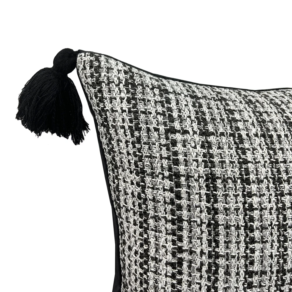 Vintage Black Hopsack Woven Home Decorative Pillow Cover Fringes Square 45x45cm Sofa Floor Cushion Case 1 Piece Pack