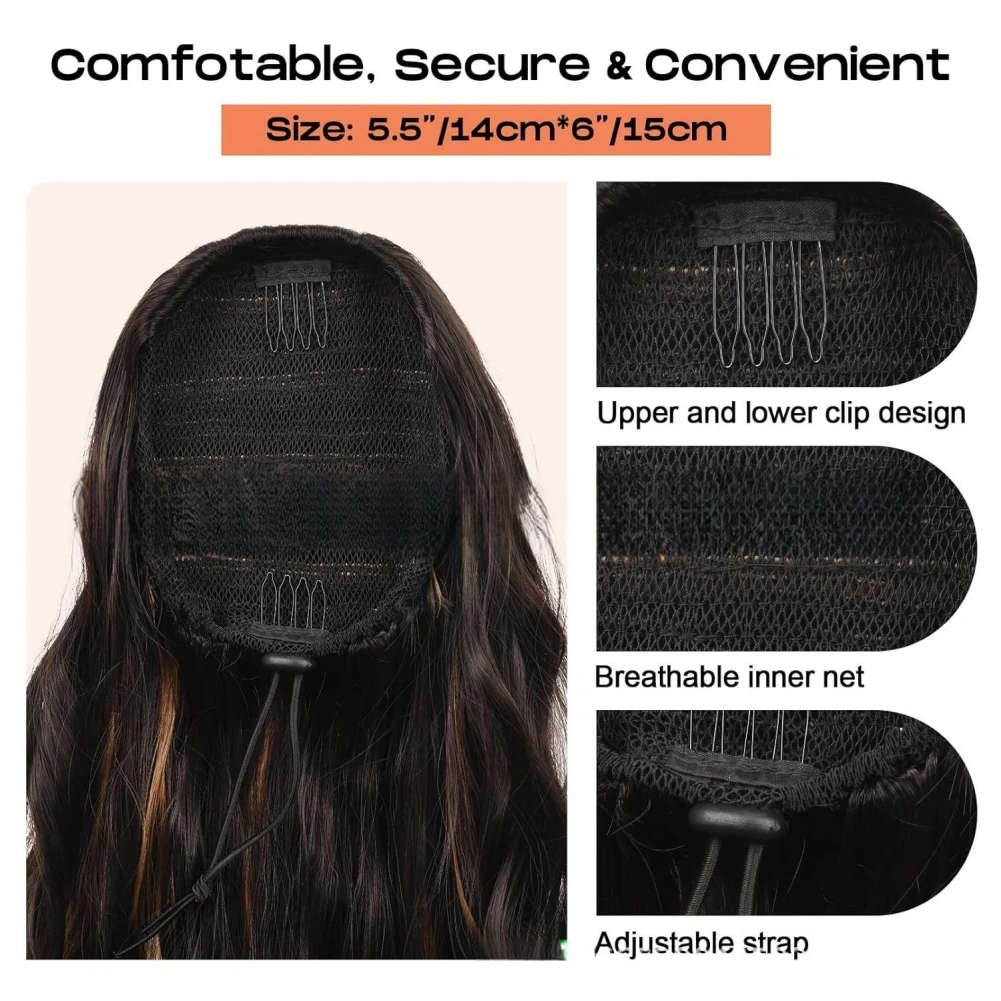 Tief gewelltes synthetisches Pferdeschwanzhaar für Frauen, Thermofaser-Pferdeschwanz, tief gewelltes Pferdeschwanzhaar, Ombre-Farbe, hitzebeständiges Faserhaar