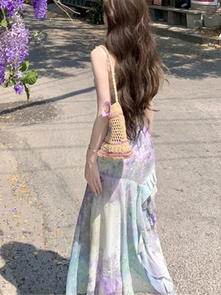 

Women Elegant Floral Print Ruffles Midi Dresses Sleeveless Vintage Slim Birthday Clothes Female Party Mermaid Wedding Vestidos