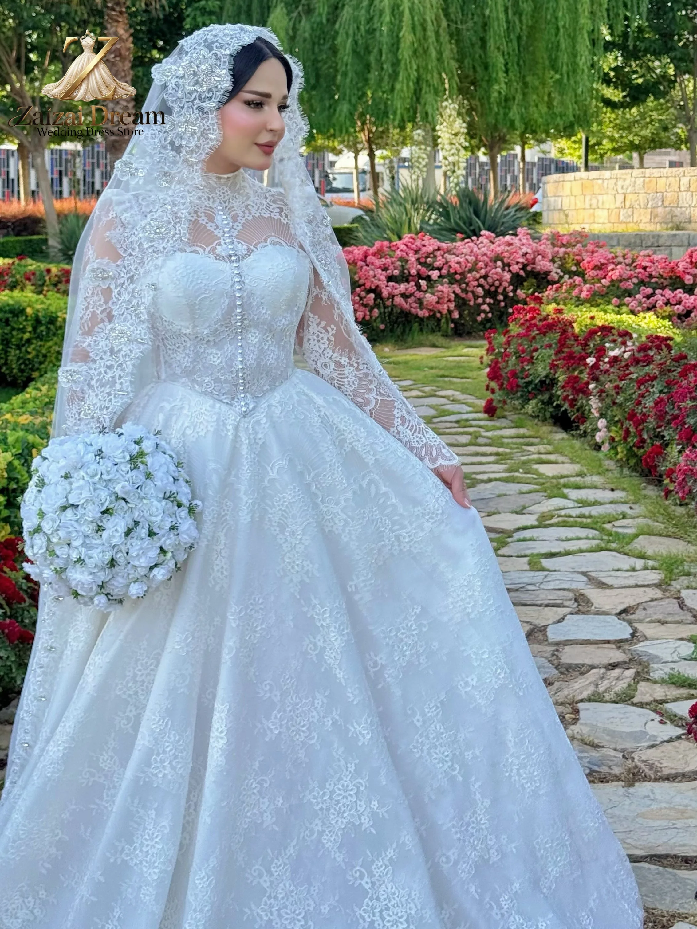 Customized Elegant Muslim Wedding Dress Long Sleeve High Neck Lace Ball Gown Bridal Gown Vestido De Novia