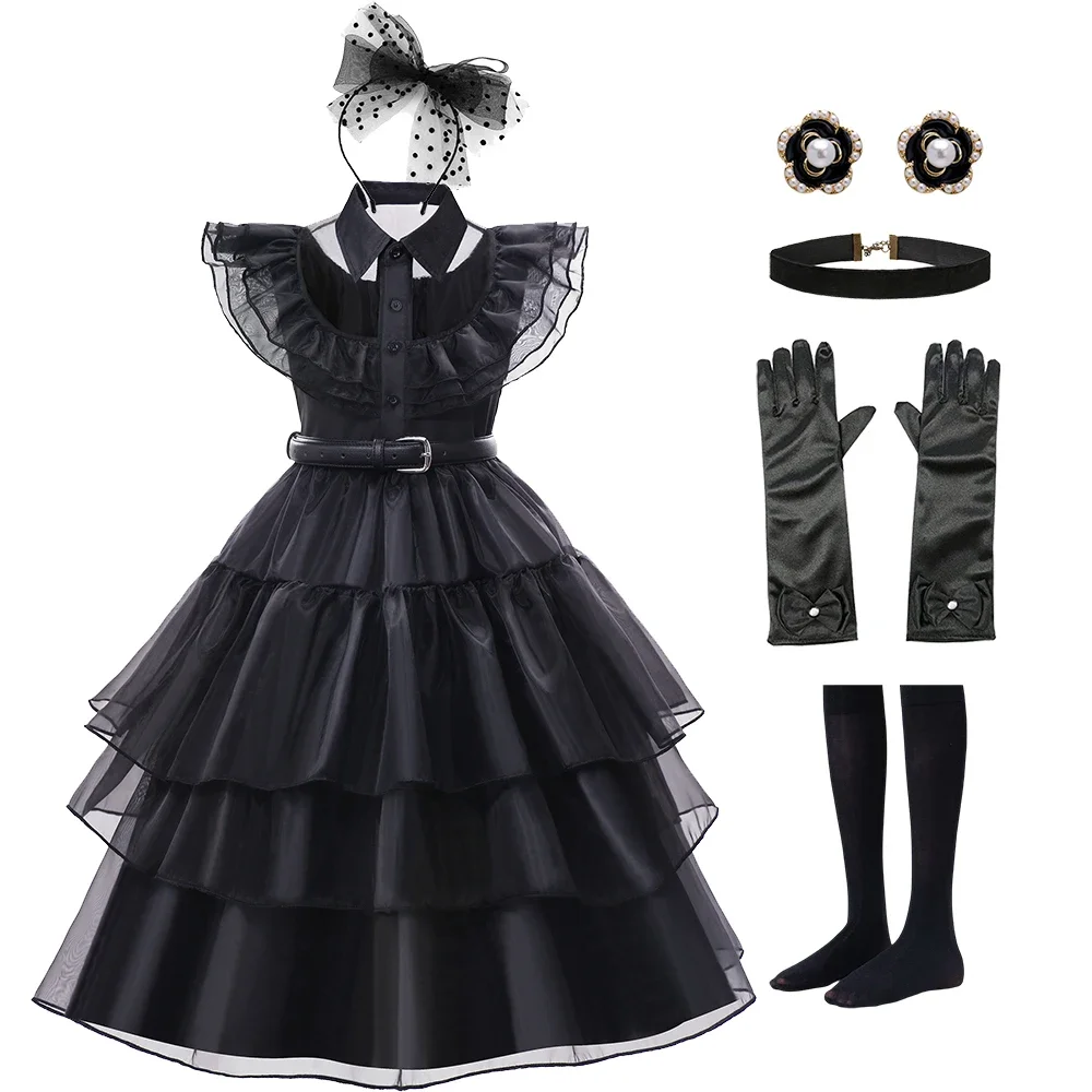 3-12 Years Children Wednesday Addams Cosplay For Girl Costume 2024 New Vestidos For Kids Party Dresses Halloween Black Costumes