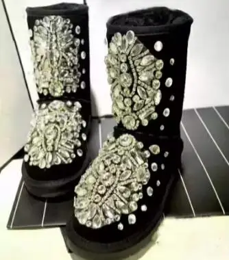 Drop Shipping Winter Black Suede Crystal Diamond Round Toe Flat Snow Boots Women Warming Pull On Short Mid-calf Boots Lady Shoes