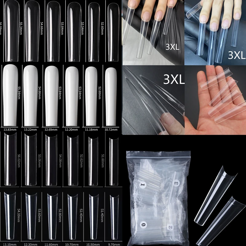 120Pcs/Bag Extra Long XXXL Acrylic Nail Art Tips Tapered Square Clear/Natural Full Cover 3XL French False Nails Salon Manicure