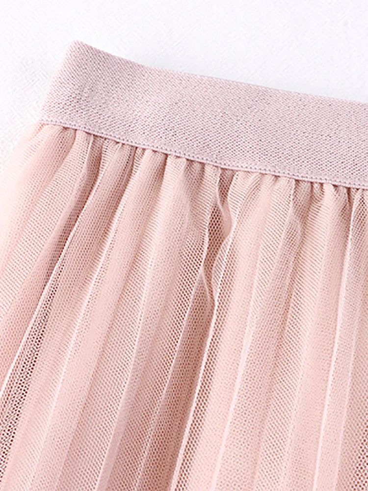 Croysier Spring Summer 2022 Women Fashion Faux Pearl Beaded Tulle Pleated Midi Skirt Casual Elastic High Waist Skirts Womens