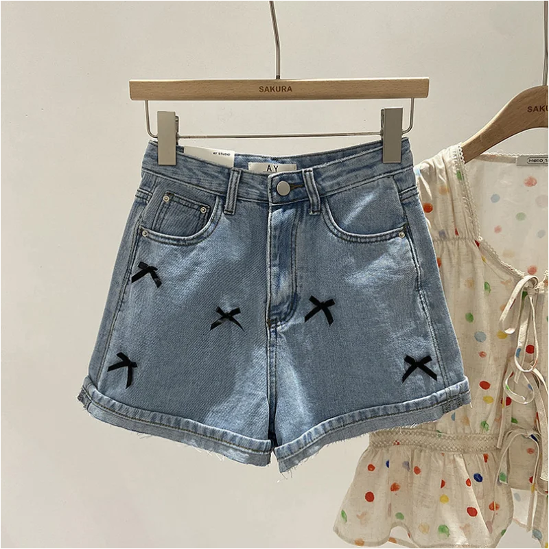 

A-shaped Blue Pants Women's Shorts Jeans Straight Bow Streetwear Summer Y2K Female Wide Leg Pants Denim Five Points Trouser