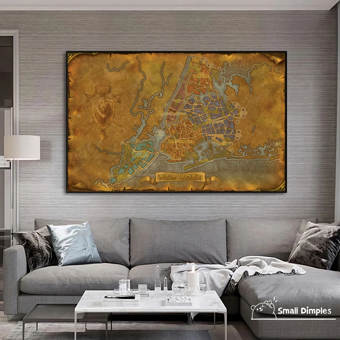 Map Of New York City - World Of Warcraft Style Map Game Poster Canvas Art Print Home Decoration Wall Painting ( No Frame )