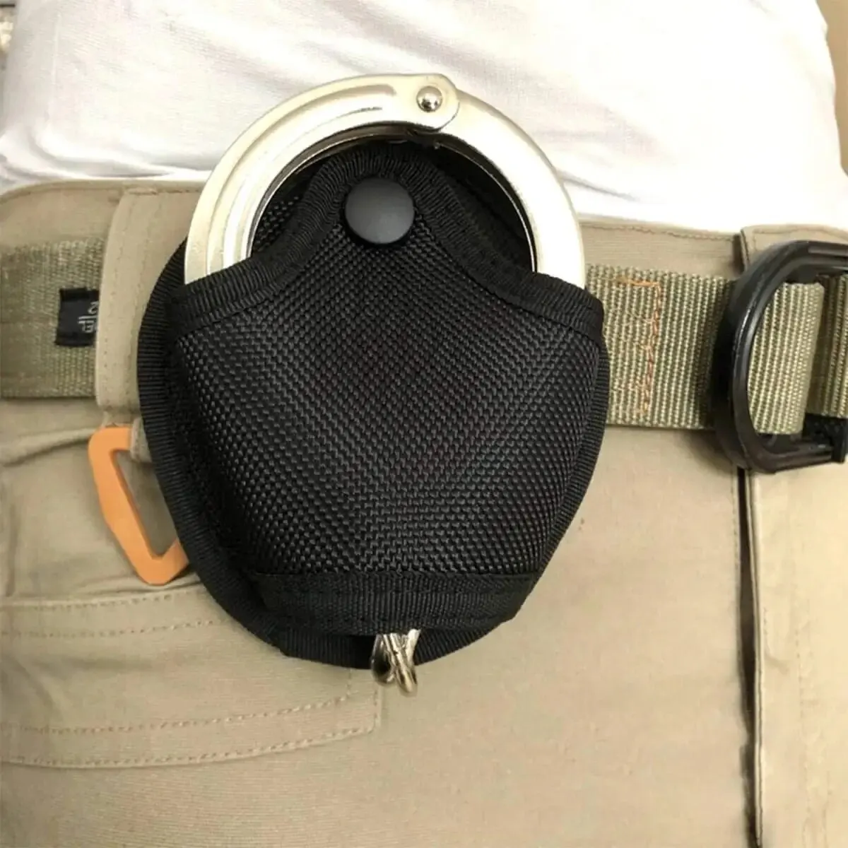 Custodia tattica per manette, tasche per la vita dell'ufficiale, borsa per accessori di sicurezza, adatta a cintura da 2 pollici, parte superiore aperta, trazione rapida