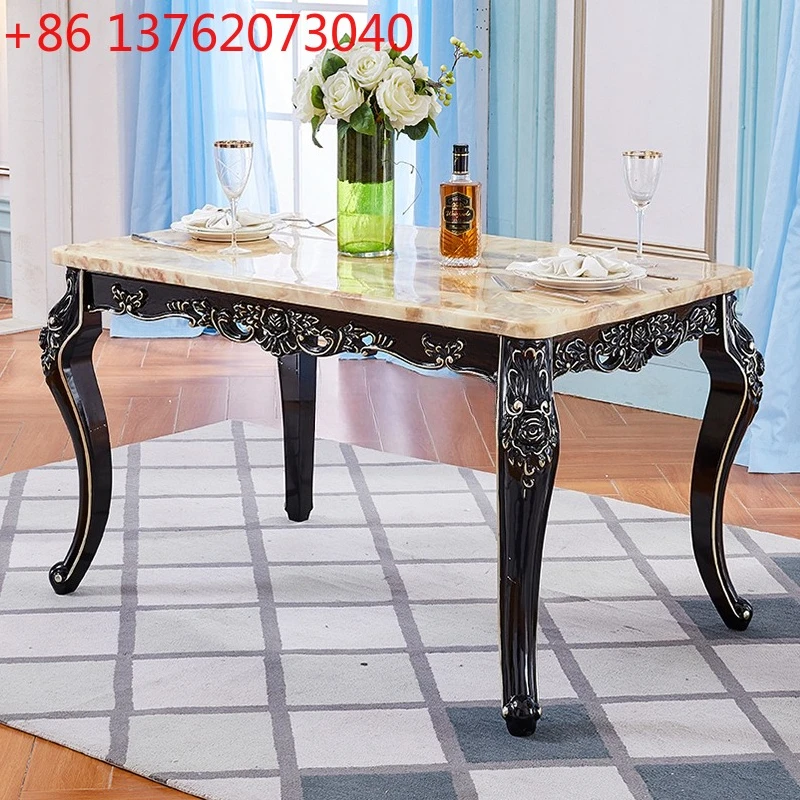 

European marble dining table and chairs combination ebony restaurant solid wood carving flower