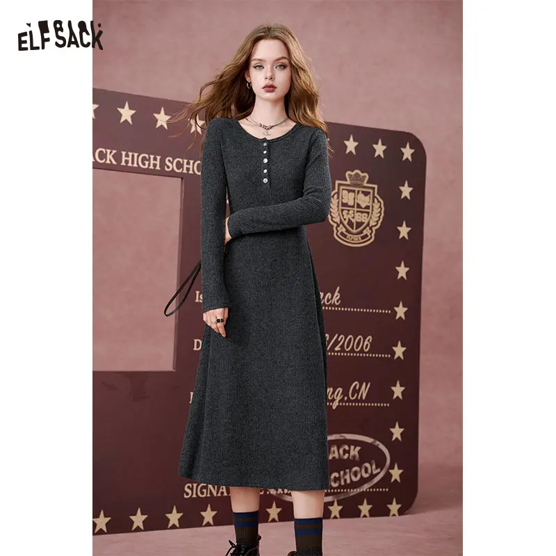 ELFSACK 2024 Autumn New Arrivals Casual waist cinching slimming round neck, knitted dress for women