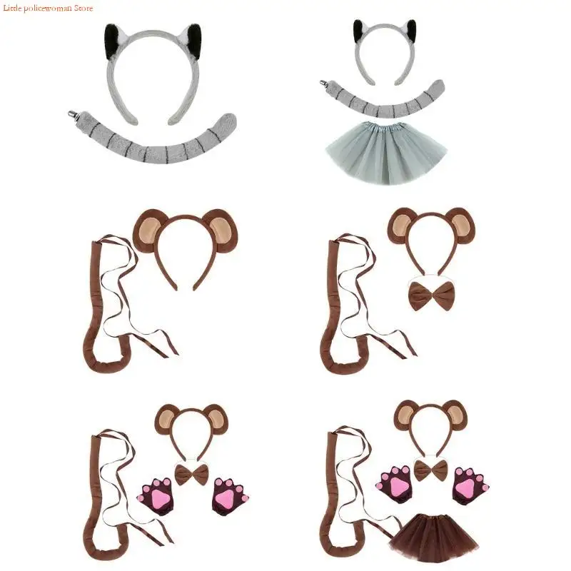 F92D Conjunto disfraz mono Halloween que incluye diadema con orejas mono, pajarita cola mono, guante y falda y
