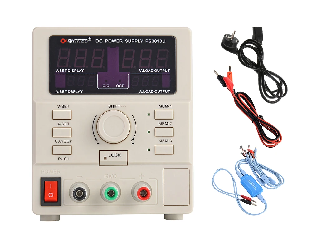 Qhtitec 300W แหล่งจ่ายไฟฟ้ากระแสตรงมีเสถียรภาพแผงวงจรดิจิทัลปรับได้ความแม่นยำสูงแผงวงจรบำรุงรักษา AC110V/220V PS3010U