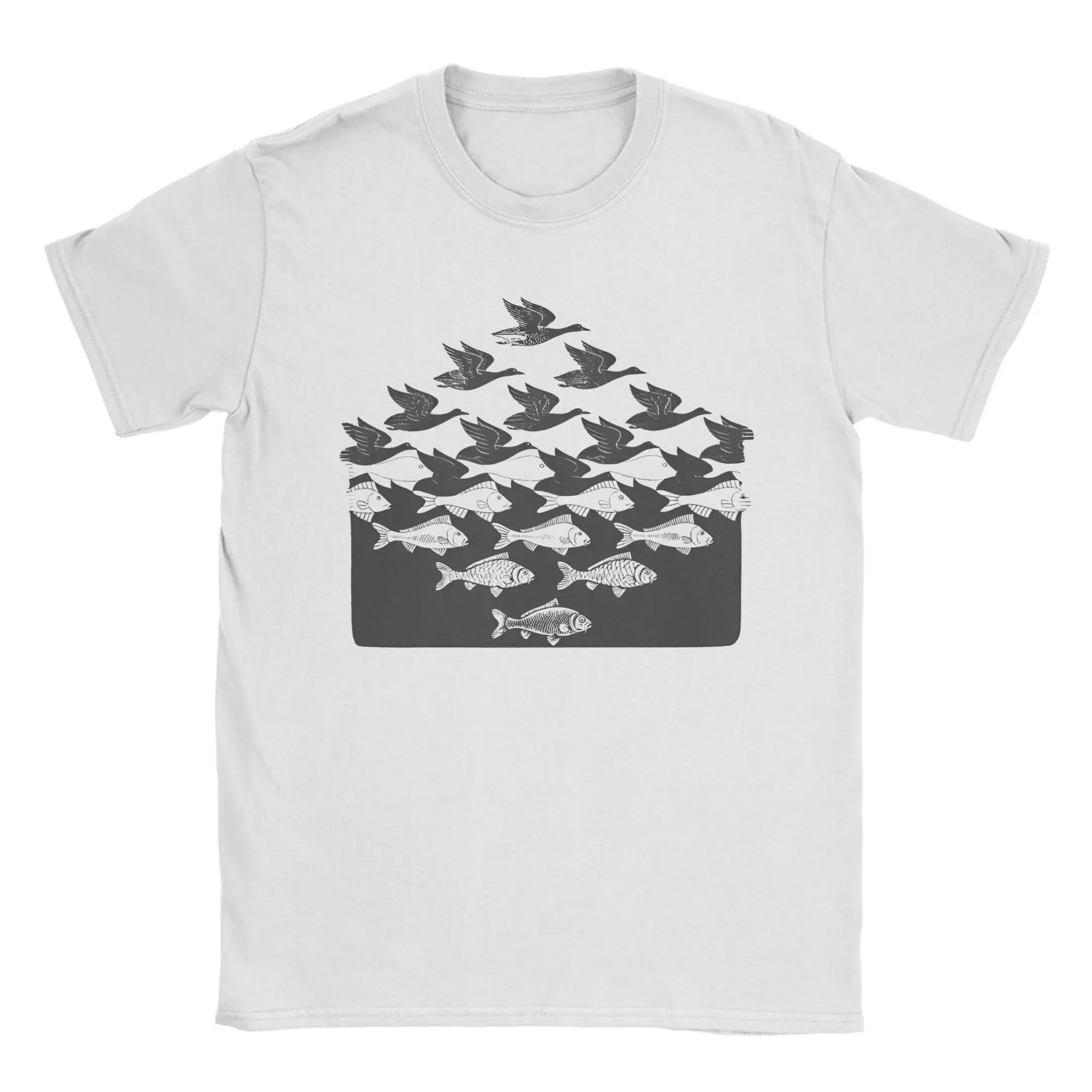 MC Escher بيت السمك الصيادين الرجال تي شيرت الفن الكلاسيكي مجنون تي شيرت قصير الأكمام طاقم الرقبة تي شيرت القطن الصيف البضائع