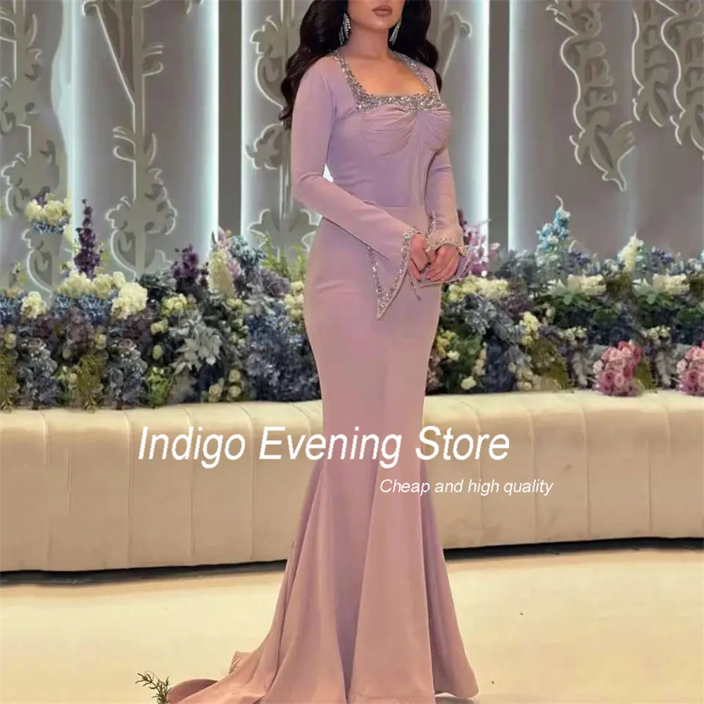 Indigo ชุดราตรี Mermaid สแควร์คอยาวแขนยาวประดับด้วยลูกปัด Elegant ชุดราตรีสําหรับผู้หญิง Sweep Train FBساتที่กําหนดเอง