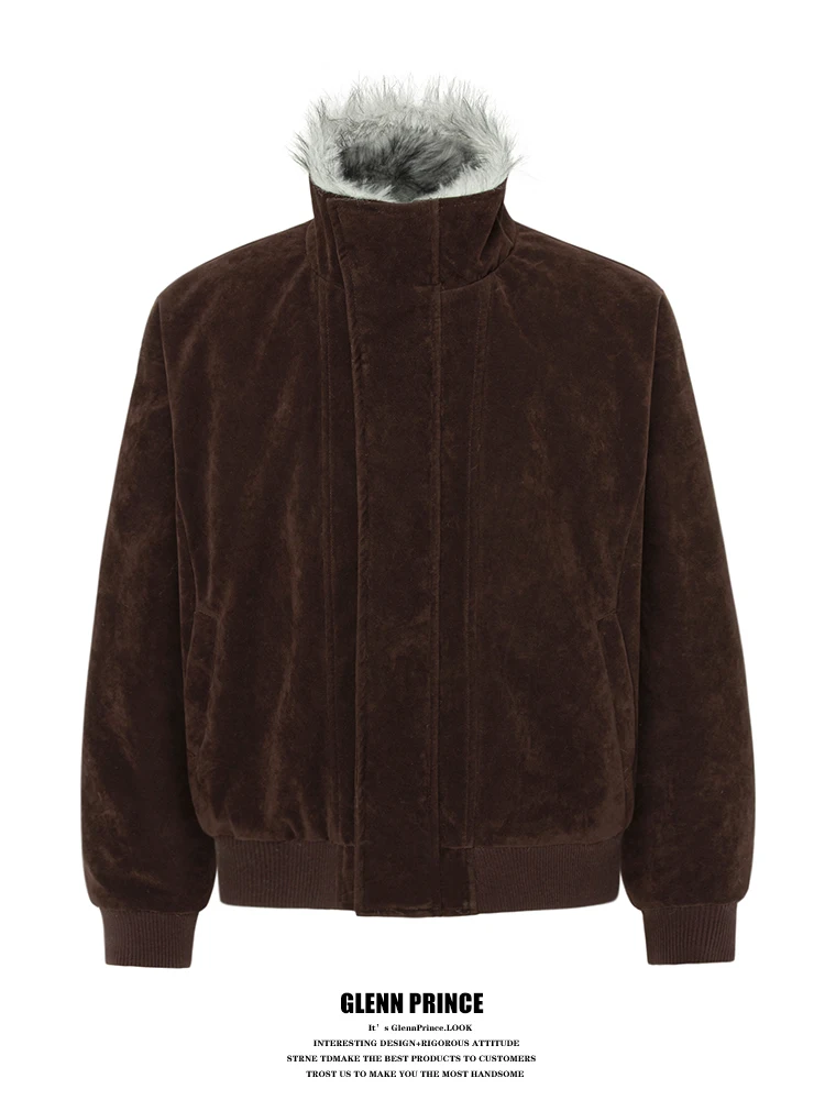 

GPstudio American Retro Suede ort Cotton Jaet Men Thi Warm Loose Winter Stand Collar Coat Youth Faion PU Material