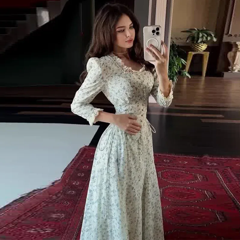 Verão 2025 novo design transfronteiriço u-ne renda floral impressão longa dr feminino malha a linha saia Thiened verão dr