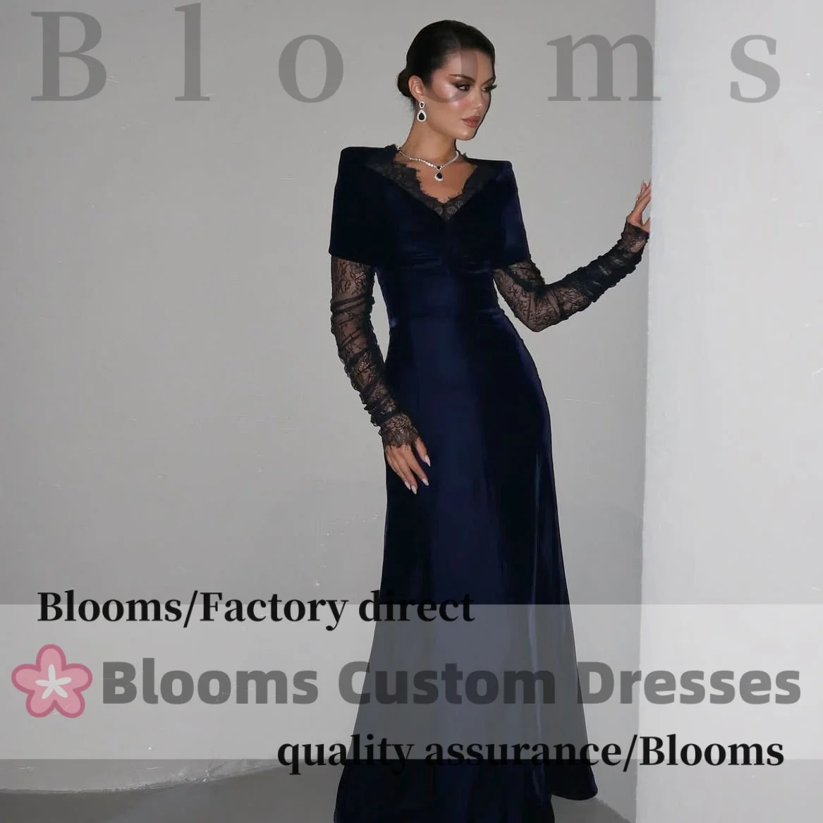 

Blooms Customized V-Neck Dark Blue Velvet Formal Evening Dress Lace Long Sleeves Elegant Women Wedding Prom Dress