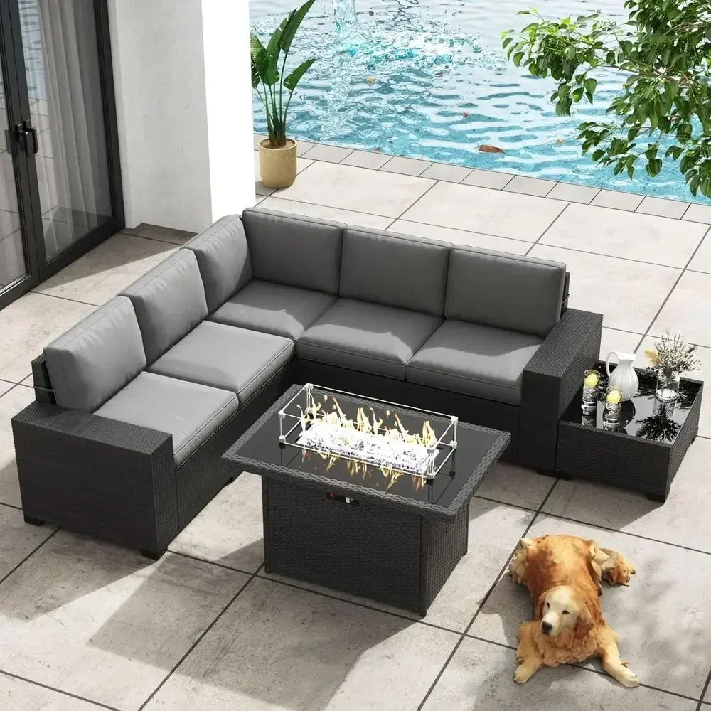 

7-Piece Outdoor Wicker Sectional Sofa Set with Fire Pit Table, All-Weather Resistant