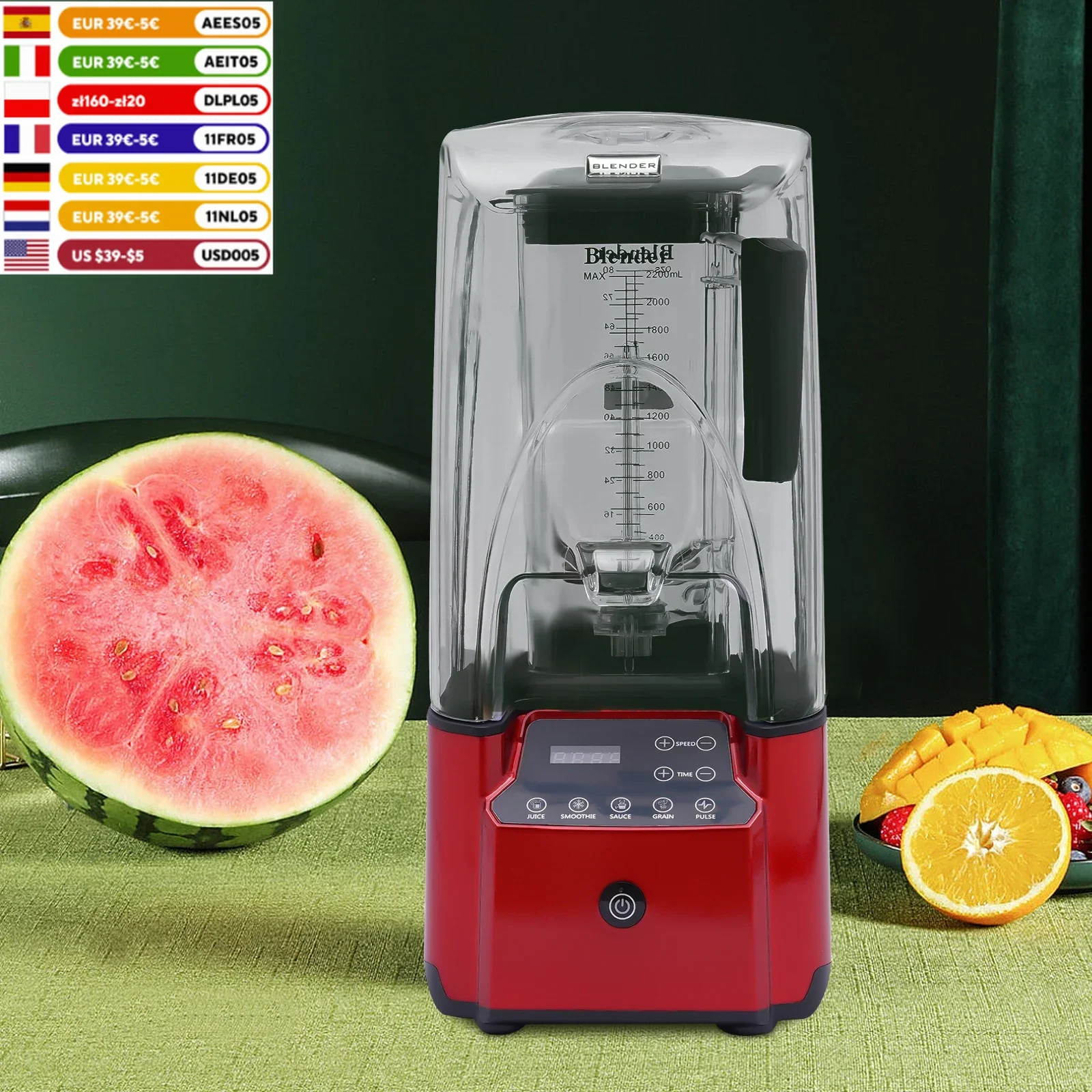 2.2L Professional Fruit Juicer Smoothie Mixer Ice Crusher Machine Heavy-duty Commercial Soundproof Cover Blender w/ Stirring Rod