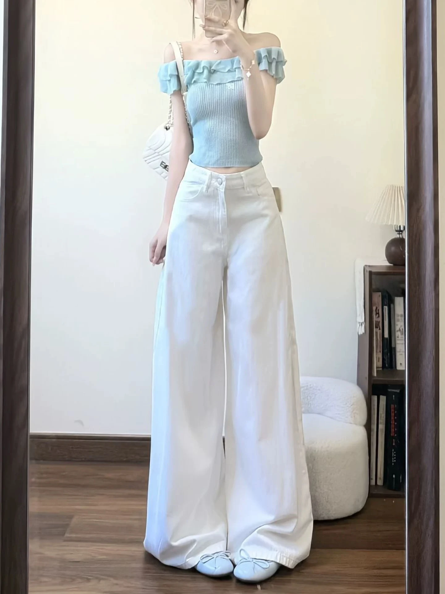 ホワイト ハイウエスト ストレートレッグ ジーンズ レディース カジュアル 多用途 着痩せ ルーズ ワイドレッグ 小さいサイズ フロアレングス パンツ