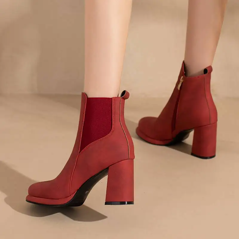 ORCHALISA Womens Short Boots Suede 11cm Chunky Heels 8.5cm Round Toe Splice Big Size 32 33 46 47 48 Platform Shoes Lady S4279 view 5