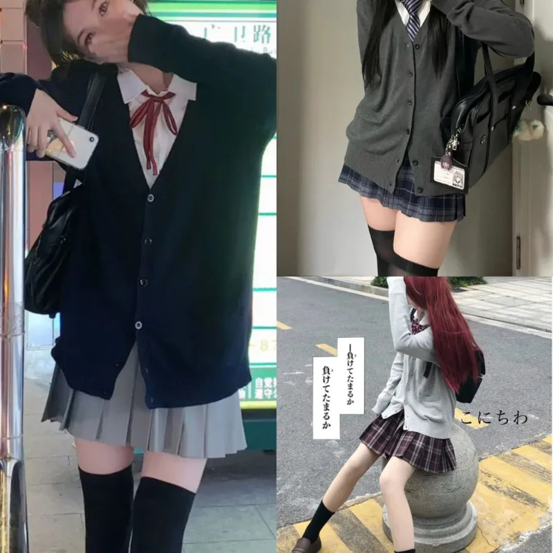 JK Knitted Cardigan Jacket Y2K Japanese School Uniform Sweater Cute Pink Blue Black Button Up Jacket For Women Students Top New