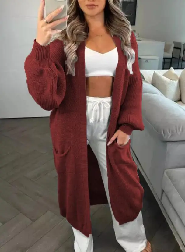 

Женский длинный однотонный вязаный кардиган, свободная куртка с карманами, осенне-зимний свитер, новая модная верхняя одежда