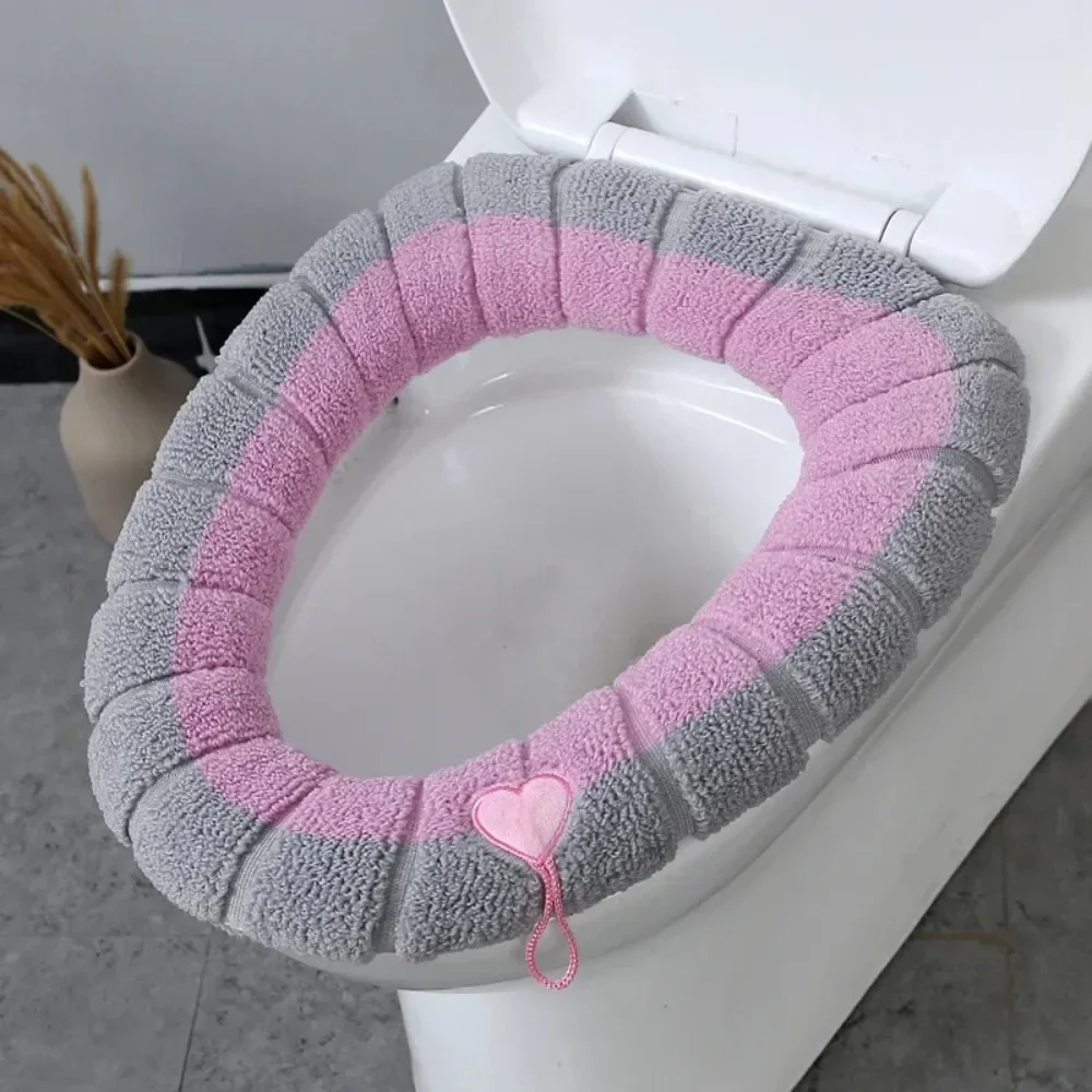 Colored Contrast Knitted Toilet Seat Cover Soft Plush Warm Washable Reusable Toilet Mat Bathroom Kids Training Accessories