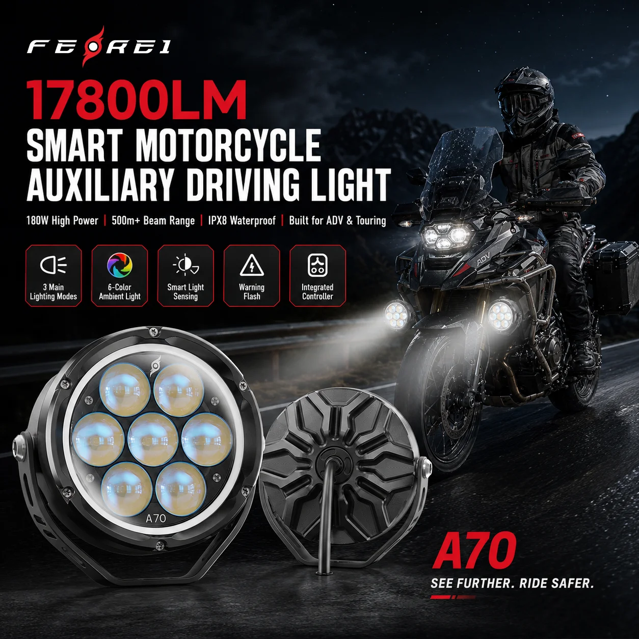 Ferei A70 Premium 17800LM Motorcycle Auxiliary Lights, 180W 550m Range Smart LED Driving Fog Light for BMW GS Touring Riders.