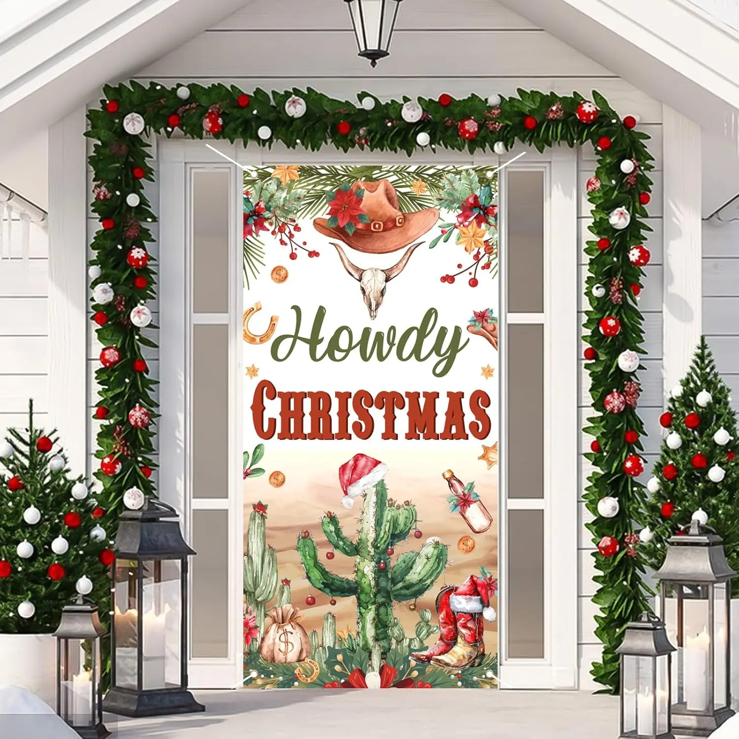 Joymemo Christmas Door Decorations Western Cowboy Cover Howdy Hanging Door Banner Garden Flag Cactus Horseshoe Hat Party Supplie