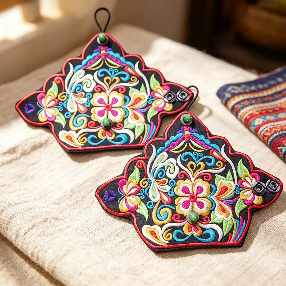 Embroidered Ethnic Wrist Cuffs – Traditional Auspicious Pattern Sleeve Covers, A Symbolic & Stylish Accessory for Everyday Wear